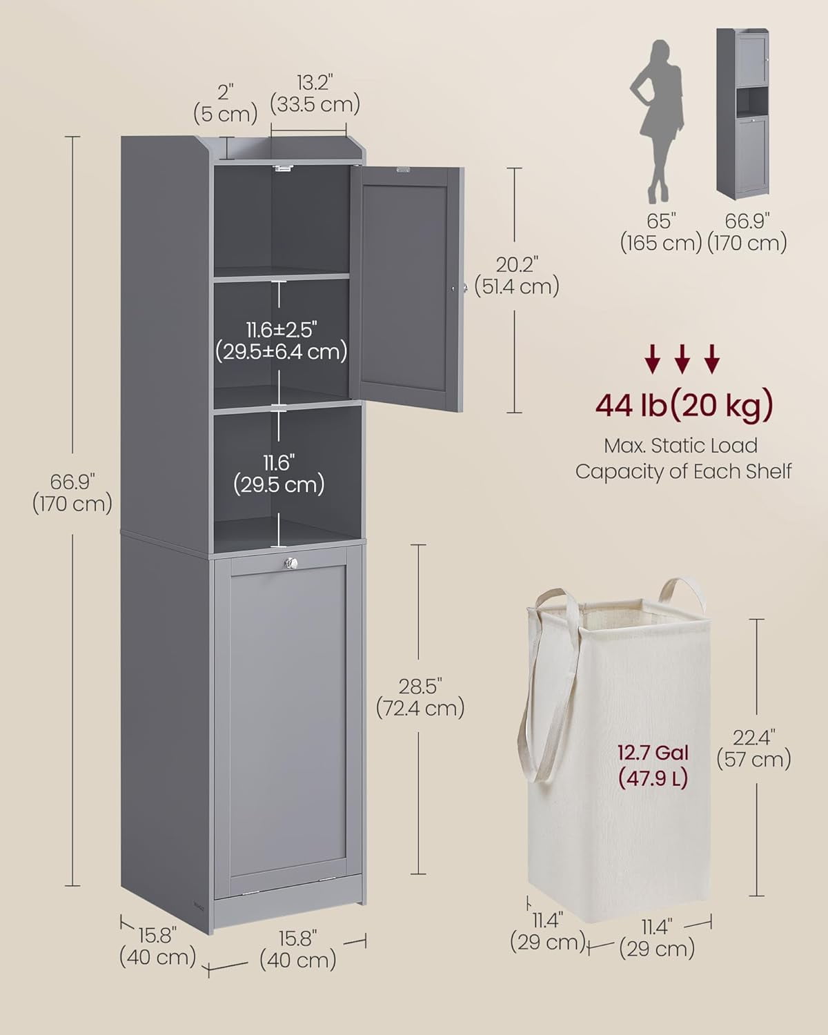 Tall Bathroom Cabinet with Laundry Basket, Removable Laundry Basket with Handles, Compartment with Door, Linen Tower, 15.8 x 15.8 x 66.9 Inchees, Dove Gray