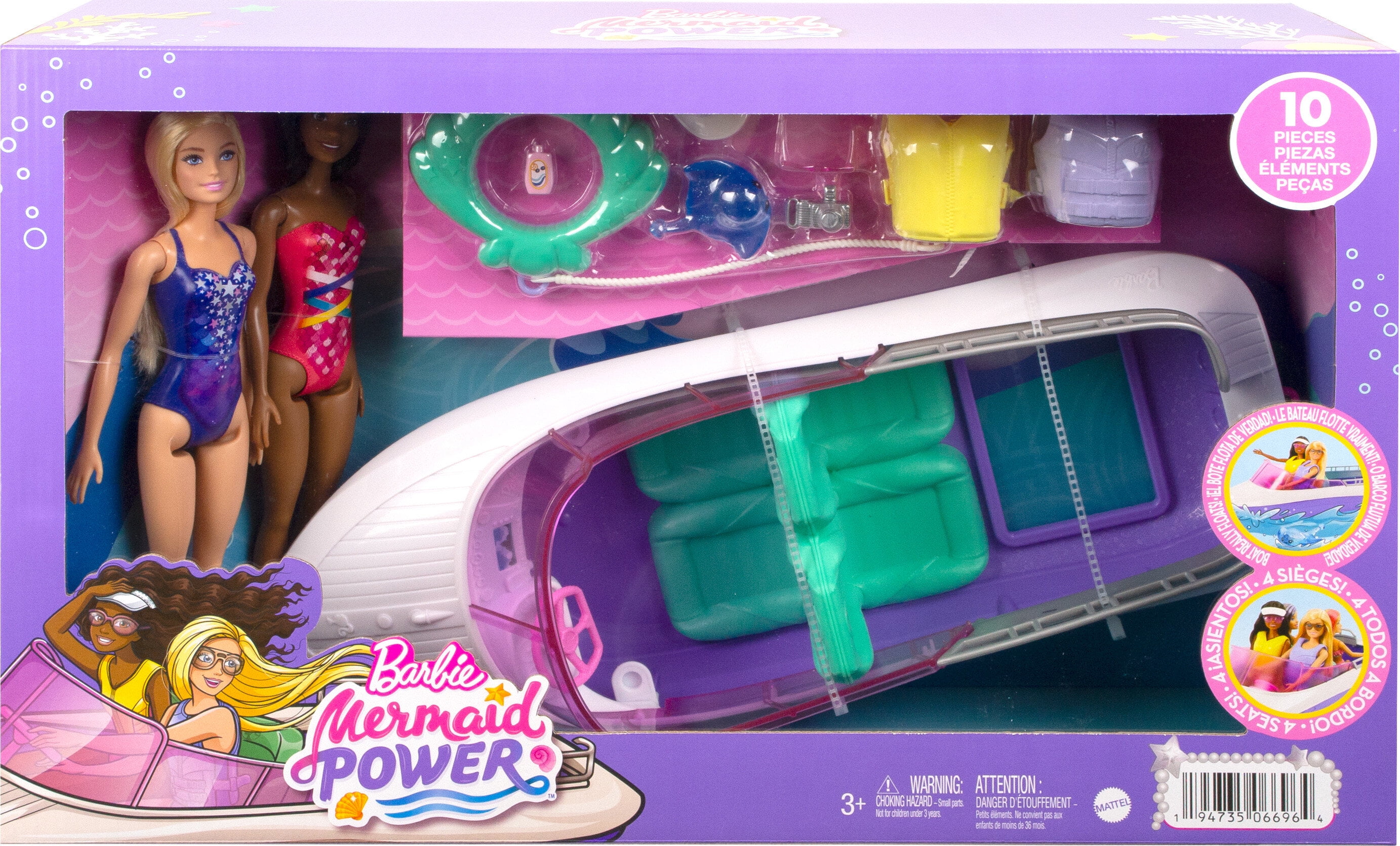 Barbie Mermaid Power "Malibu" and "Brooklyn" Dolls with Boat Playset and Ocean Accessories