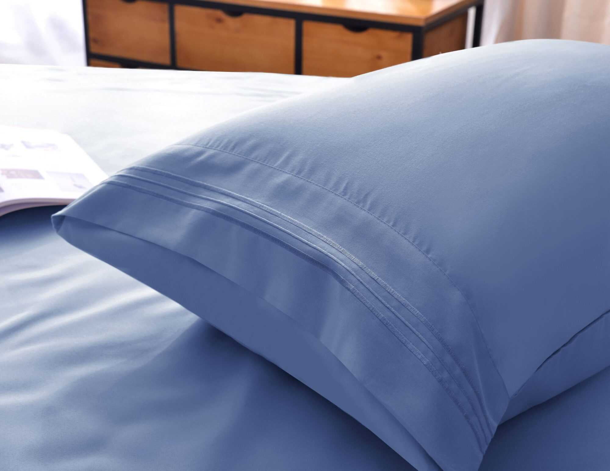the Season Essentials Wrinkle Free Sheet Sets with Deep Pockets &amp; Stain Resistant, 1800 Thread Count Bamboo Based, Blue, California King
