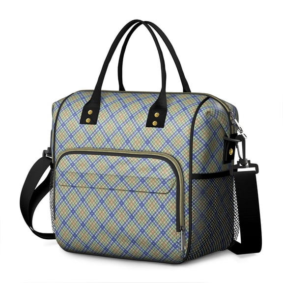 Blue and Brown Checkered Pattern Insulated Leakproof Lunch Box for Women, Large Lunch Bag for Tween Teen Adult, Loncheras Para Mujer for Work Beach Travel Picnic Camping