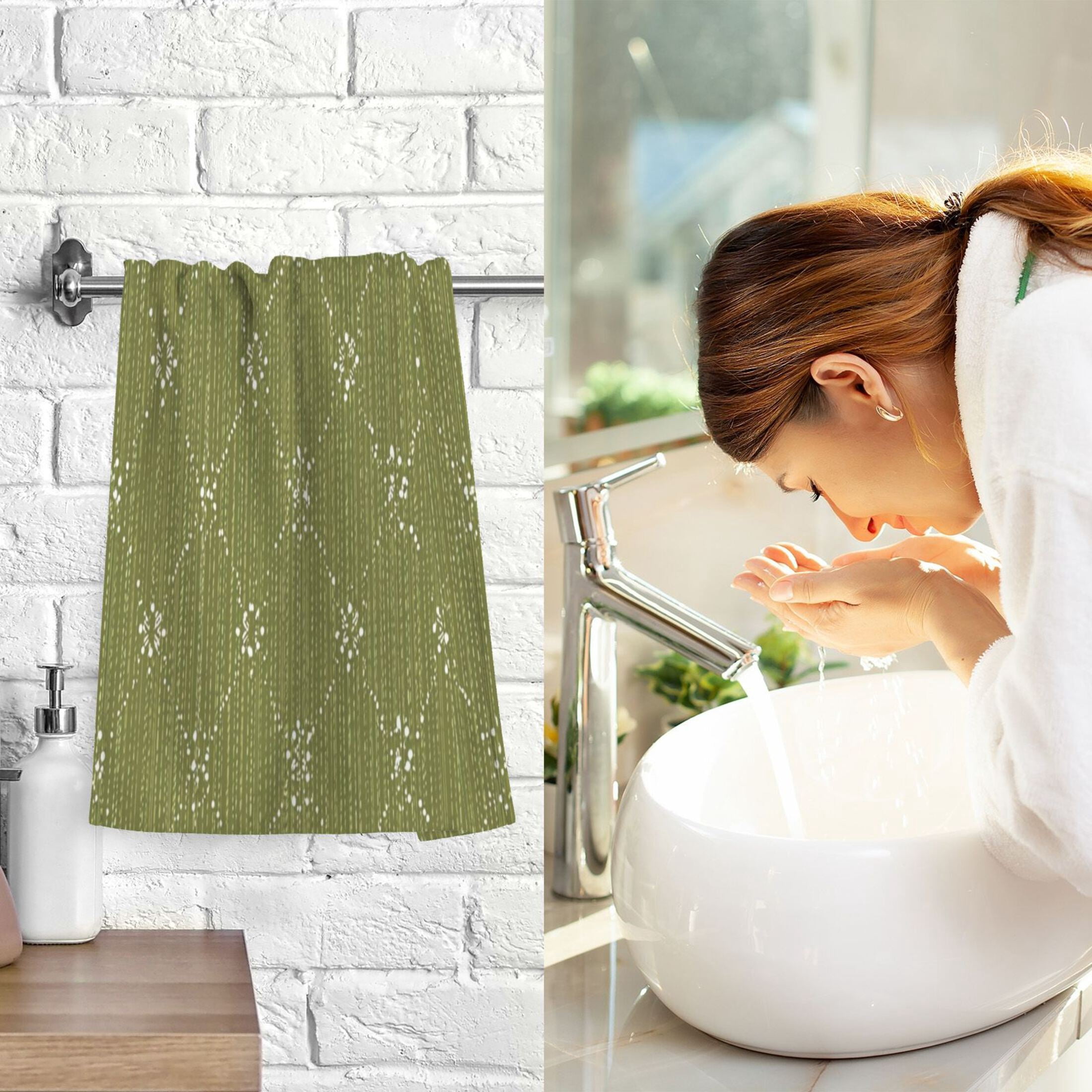 2 Pieces of Cotton Towel Face Towel Set Hand Towel Bath Towel Cotton Bath Towel Sets Olive Green Dotted Lines