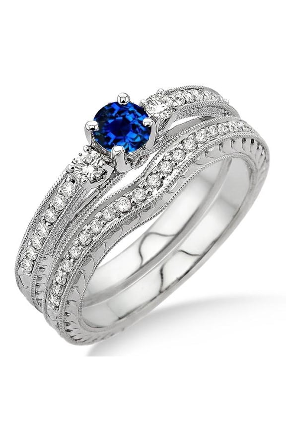2 Carat Classic Art Deco 6mm Round Cut Blue Sapphire Diamond Moissanite Wedding Ring Antique Bridal Set on 10k White Gold
