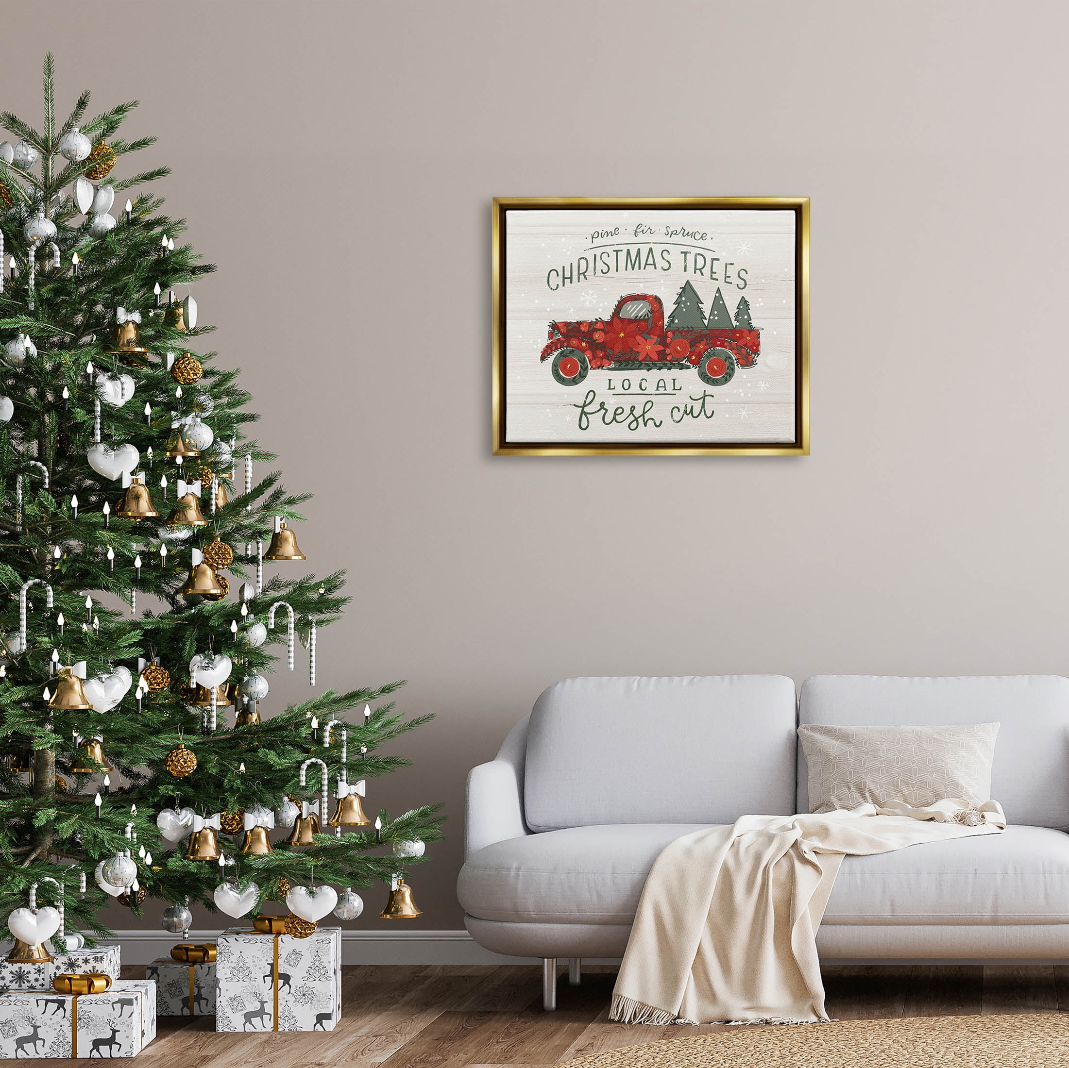 Stupell Industries Local Fresh Cut Christmas Trees Graphic Art Metallic Gold Floating Framed Canvas Print Wall Art, Design by Loni Harris