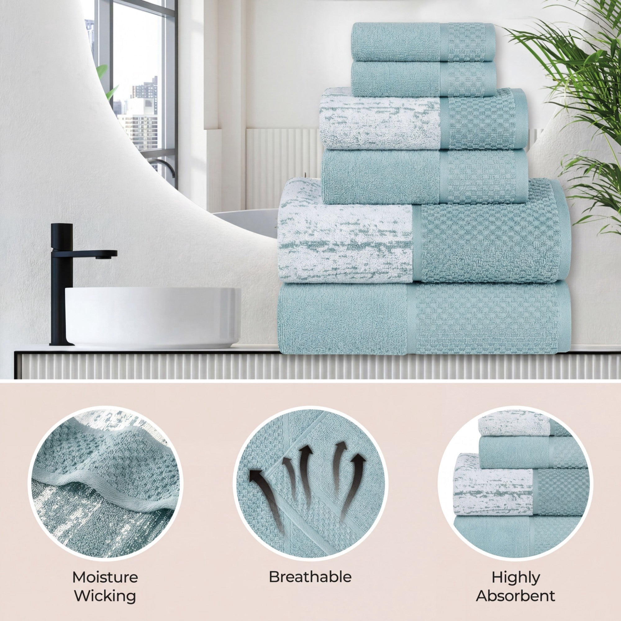 Superior Modern Cotton 8 Piece Bathroom Towel Set Mixed Pattern Solid, Cyan