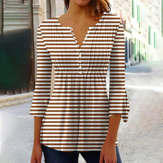 RXIRUCGD T-Shirt Décontracté à Rayures pour Femmes, Col en V, Manches Courtes, Ample, Café, Taille : L