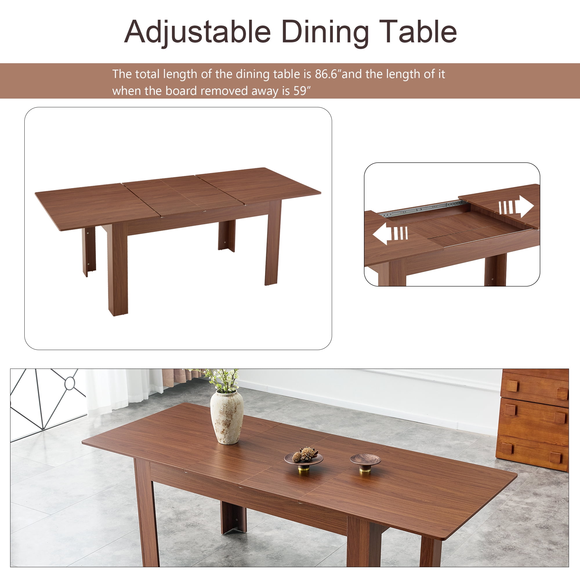 Shikeyi 59"-86" Extendable Dining Table for 6-10 People, Modern Rectangular Walnut MDF Kitchen Extendable Table with Adjustable Length, Space-Saving Walnut Finish Dinner Table, for Small Dining Room