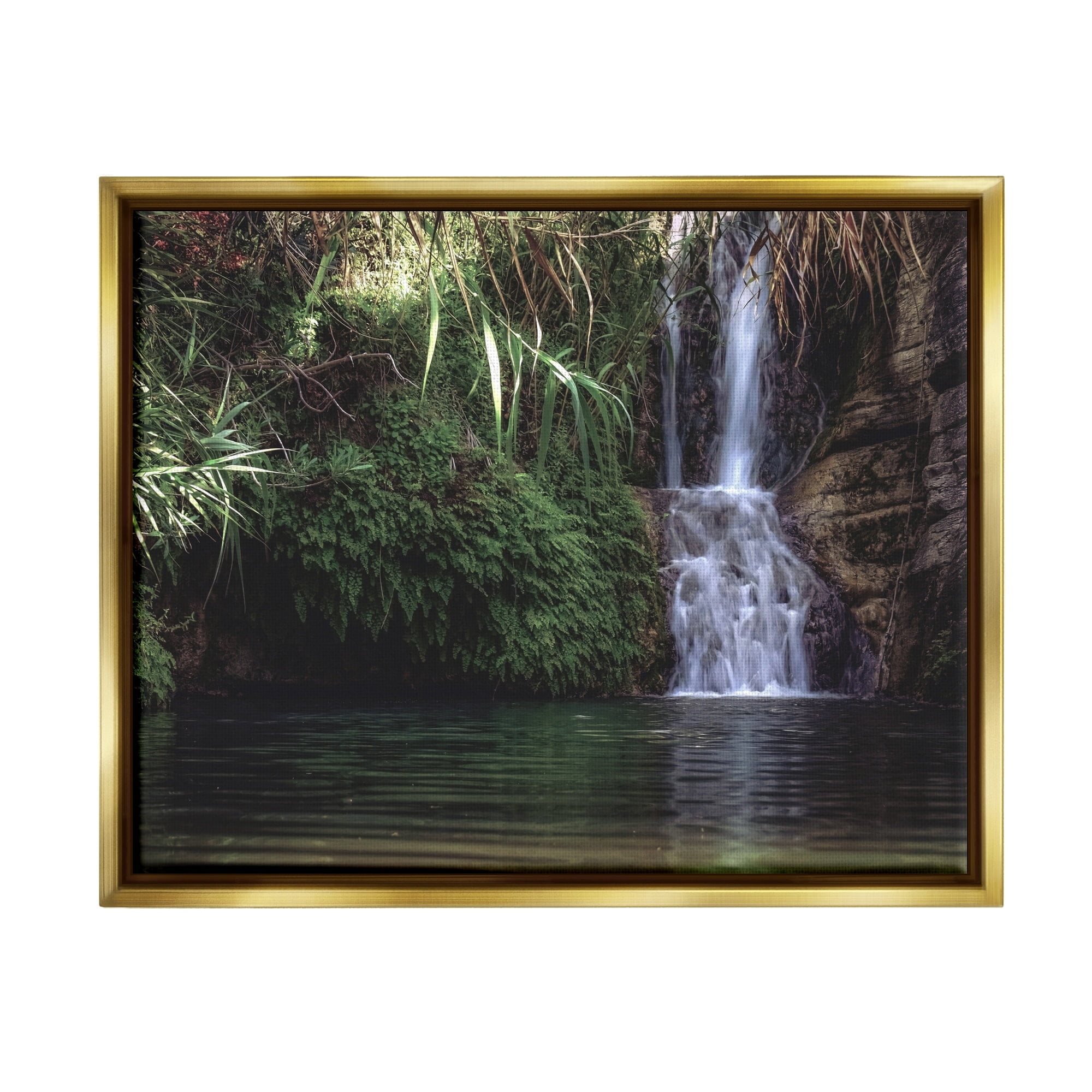 Stupell Industries Tranquil Waterfall Rainforest Environment Nature Clearing Photography Photograph Metallic Gold Floating Framed Canvas Print Wall Art, Design by Daphne Polselli