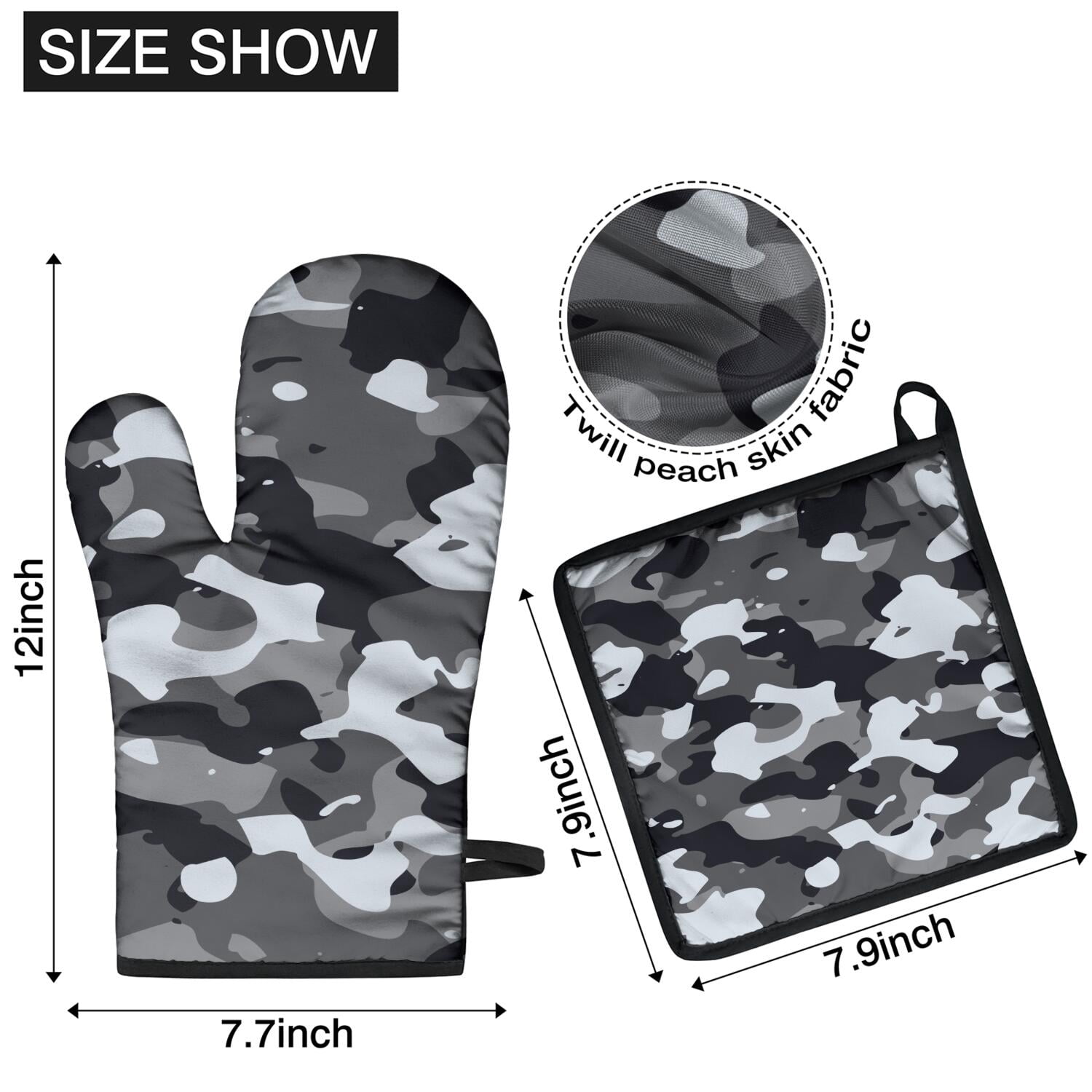 Camouflage Oven Mitts and Pot Holders Set Of 4, Heat Resistant Kitchen Gloves with Non-Slip Grip, Hanging Loop, Soft Cotton Lining for Baking, Cooking, Grilling, Barbecue