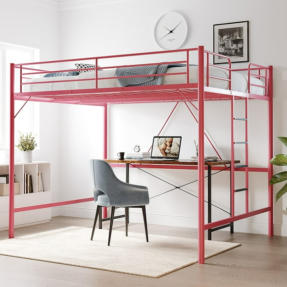 Ktaxon Loft Bed Full Size with Flat Rungs, No Box Spring Required,Heavy Duty Metal Slat Support,White