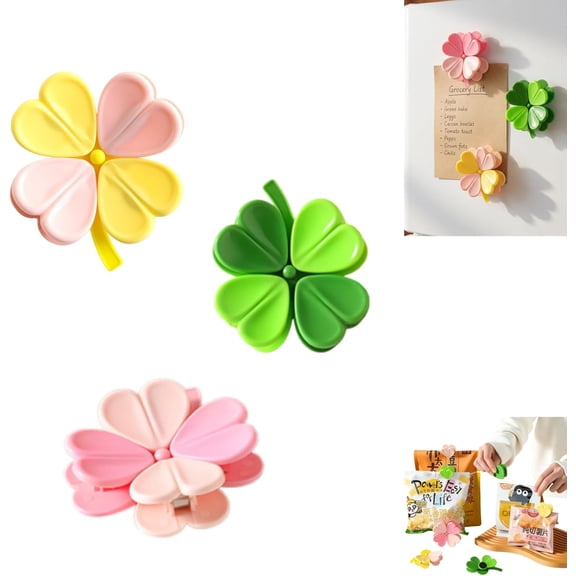 Flower Magnetic Fridge Clip - Cute Clover Snack Bag Sealer, Strong Magnet Food Storage Organizer for Kitchen, BPA-Free Plastic Seal Clip for Chips & Snacks（3-Pack）