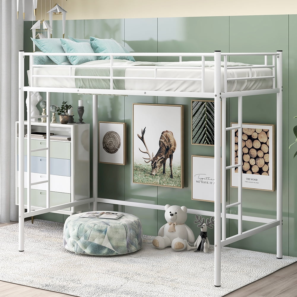Kadyn Twin Loft Bed, Metal Bed with Rails & Ladders on Both Sides, White