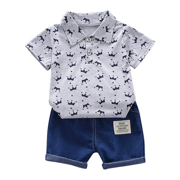 dmqupv Baby Boy Outfits Toddler Kids Baby Boy Short Sleeve Pattern Shirt Tops+ Denim Pants Set Grey,Size for 18-24 Months