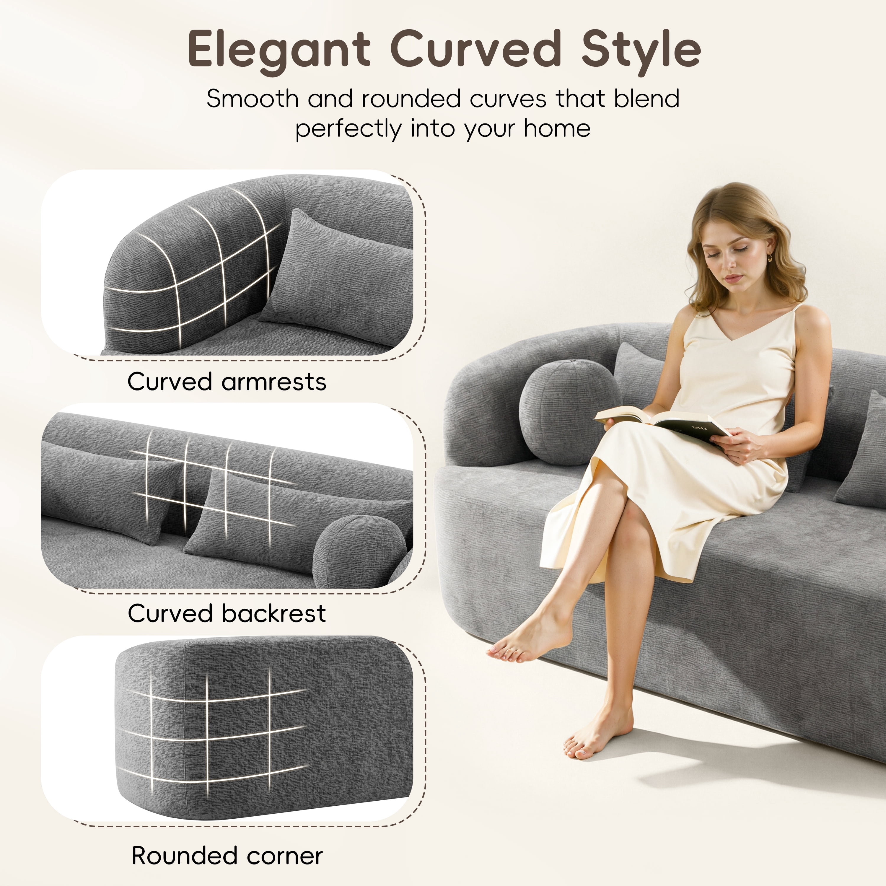Sofa, Couch, No Assembly Sofa, Curved Frameless Chenille Cloud Couch Compressed Delivery, Includes 4 Pillows, 3-Seater Sofa for Living Room, Gray