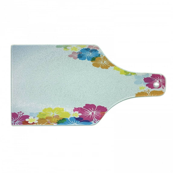 Luau Cutting Board, Vibrant Colorful Border Design with Blossoming Hibiscus Polynesian Springtime Aloha, Tempered Glass Cutting and Serving Board, Wine Bottle Shape, Multicolor, by Ambesonne