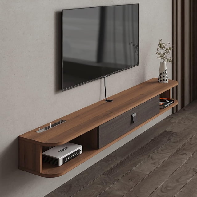 Floating TV Wall-Mounted Floating TV Stand Unit Floating Media Console TV Cabinet Entertainment Wall TV Shelf with Storage for Under TV Bedroom(Walnut)