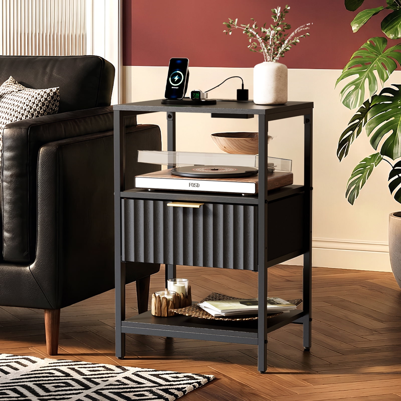 Ktaxon Fluted Nightstand with Charging Station End Table with Drawers Bedside Table Furniture for Bedroom, Living Room, Black