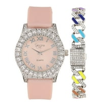 Women's Big Rocks Bezel Colored Dial with Roman Numerals Fully Iced Out Watch w/Rainbow Cuban Bracelet - ST10327LA (ST10357LA RnbwCuban SlvBlush)