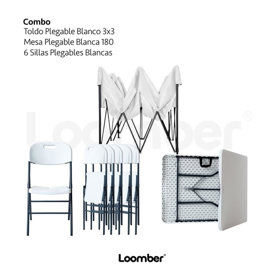 Combo de Mesa y 6 Sillas Plegables con Toldo Blanco Impermeable