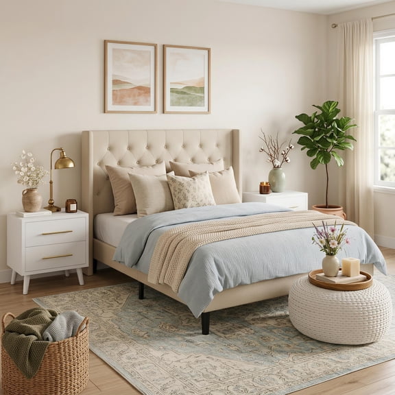 Noelse 3-Piece Bedroom Furniture Set, Queen Size Bed Frame with Upholstered Headboard & 2 Nightstands, Under Bed Storage, Noise-Free, Beige and White