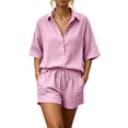 thumbnail image 2 of Mifsaly Short Outfits for Women 2 Piece Sets Short Sleeve Button Down Henley Shirts and Drawstring Shorts Casual Summer Beach Vacation Lounge Matching Clothes Pink,XL, 2 of 9