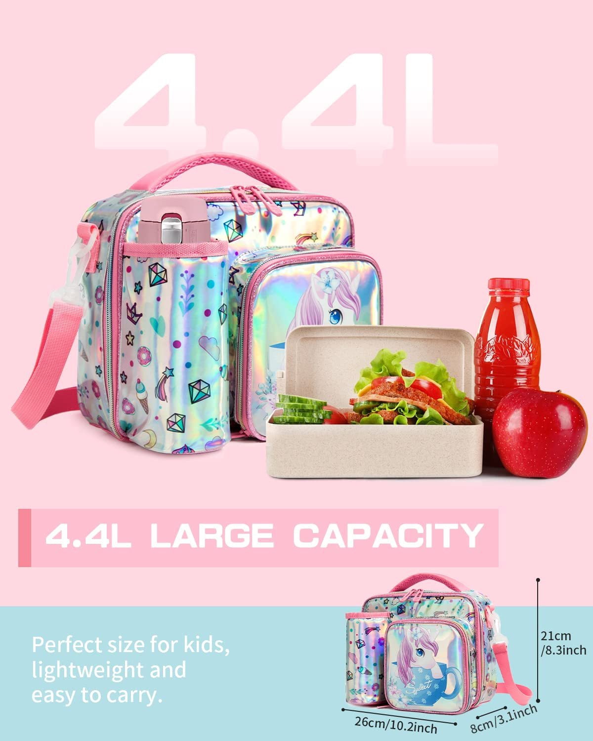 IvyH Kids Insulated Lunch Bag With Bottle Holder Adjustable Shoulder Strap Reusable Water Resistant Cartoon Lunchbag