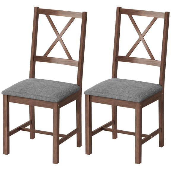 Set of 2 Gray Upholstered X-Back Dining Chairs with Padded Seat and Rubberwood Legs for Kitchen Dining Room