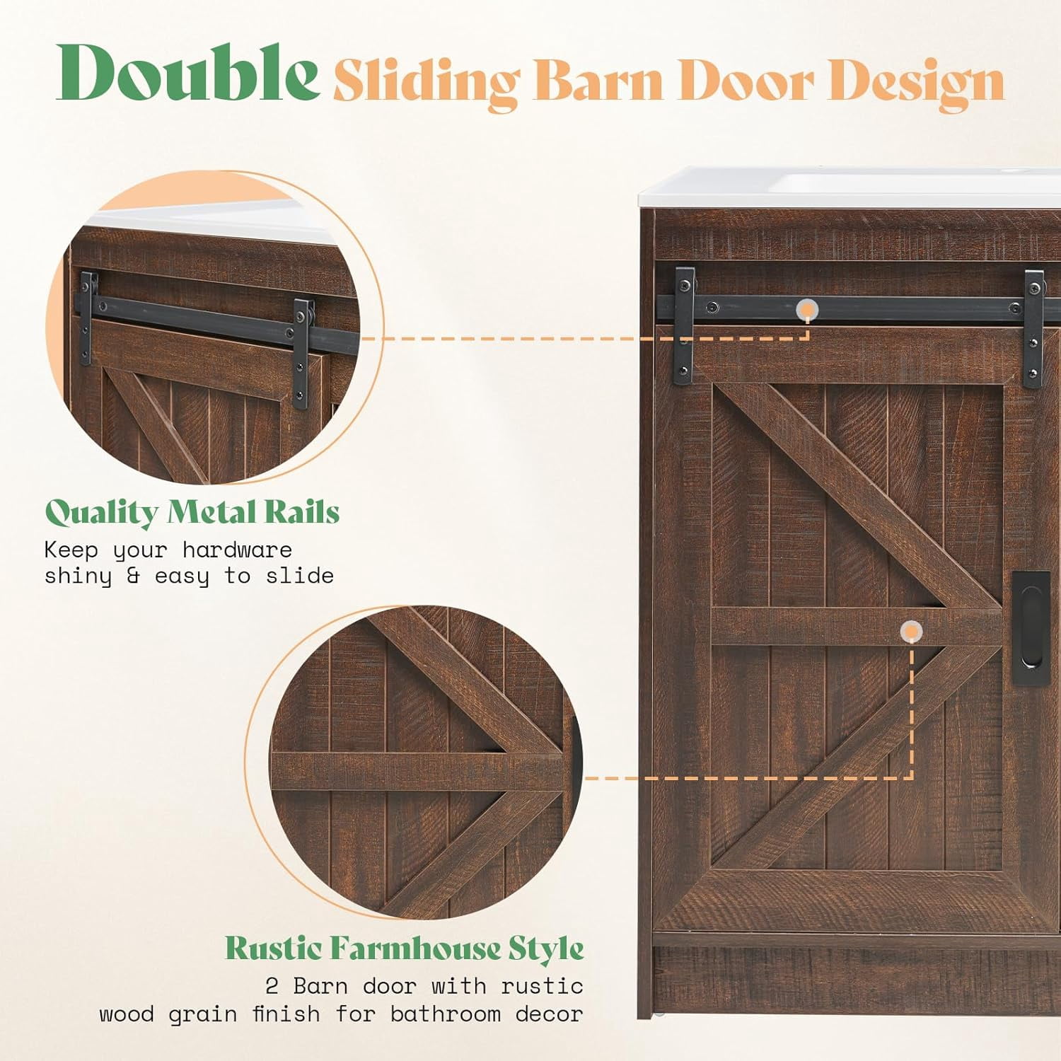 PLAUIN 61" Farmhouse Double Bathroom Vanity with Sink Combo, Dual Basin Bathroom Storage Cabinet with Sliding Barn Doors & Drawers, Brown