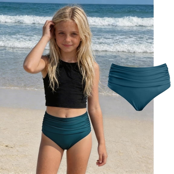 Kids Girls Swimming Bottom High Waisted Dark Green Swim Pants For Girls Tretchy Bikini Brief 9-10years Swimsuit Shorts
