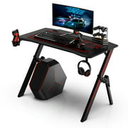 INSMA 43.3 inch R-Shaped Gaming Desktop Computer Desk Ergonomic PC Carbon Fiber Writing Desk Table With Cup Holder, Headphone Hook and Mouse Pad - Red