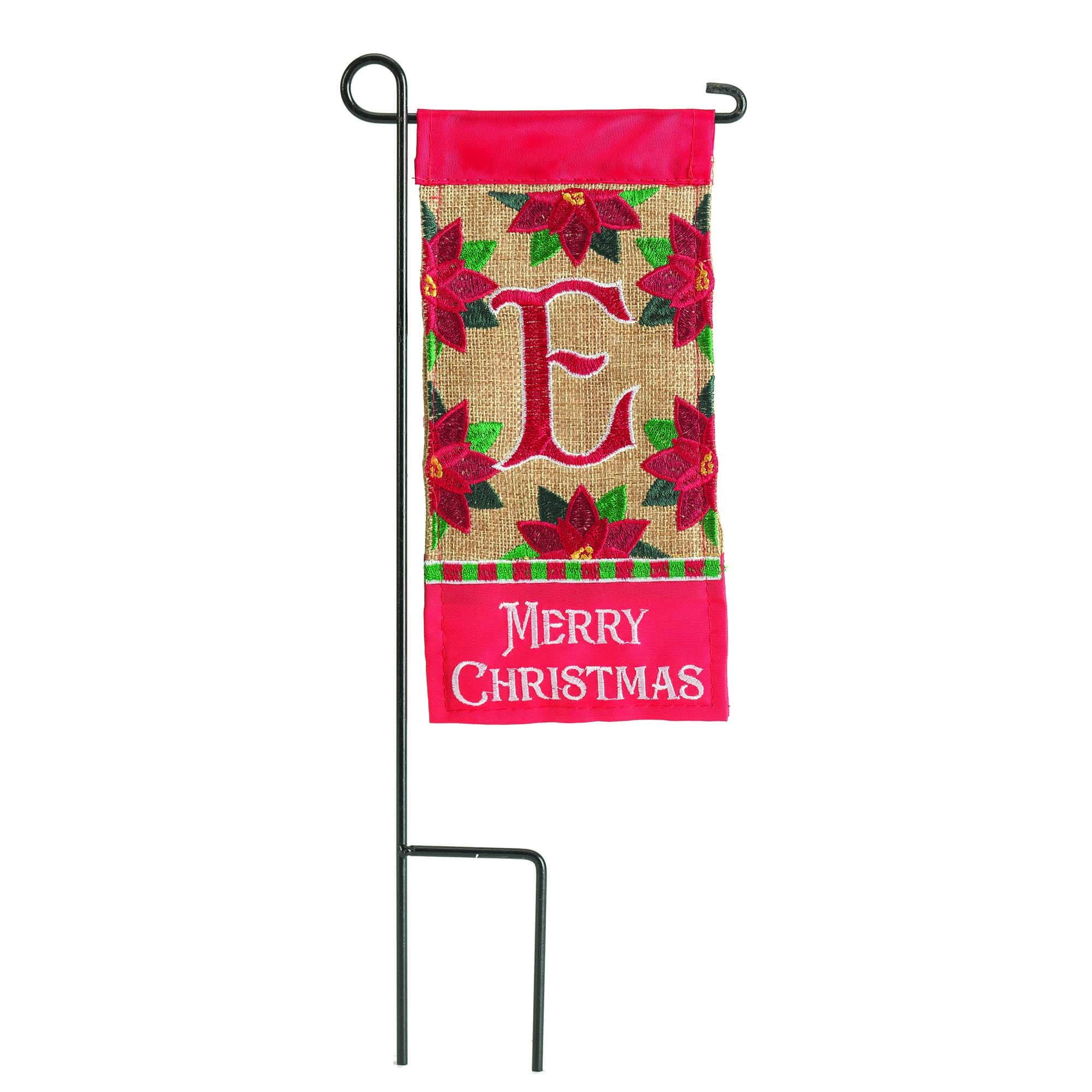 Magnolia Gardens 4 x 8.5 in. Double Applique Merry Christmas Monogram E Burlap Mini Garden Flag