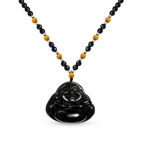 Bling Jewelry Womens Yogi Amulet Mala Bead Buddha Pendant Necklace for Men - Brown Black Carved