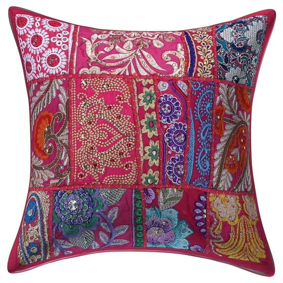 Stylo Culture Indian Cotton Decorative Throw Pillow Sham Cover Dark Pink 12x12 Bohemian Vintage Patchwork Indian Couch Cushion Cover 30 x 30 cm Home Decor Abstract Square Pillowcase | 1 Pc
