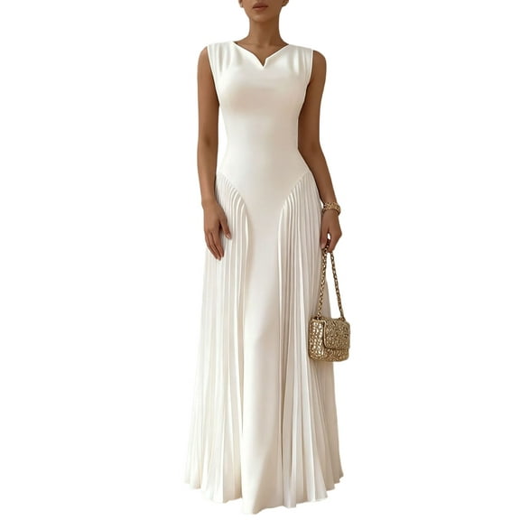 Women'S Maxi Dress Sleeveless Pleated A Line Mock Neck Flowy Long Dresses White S