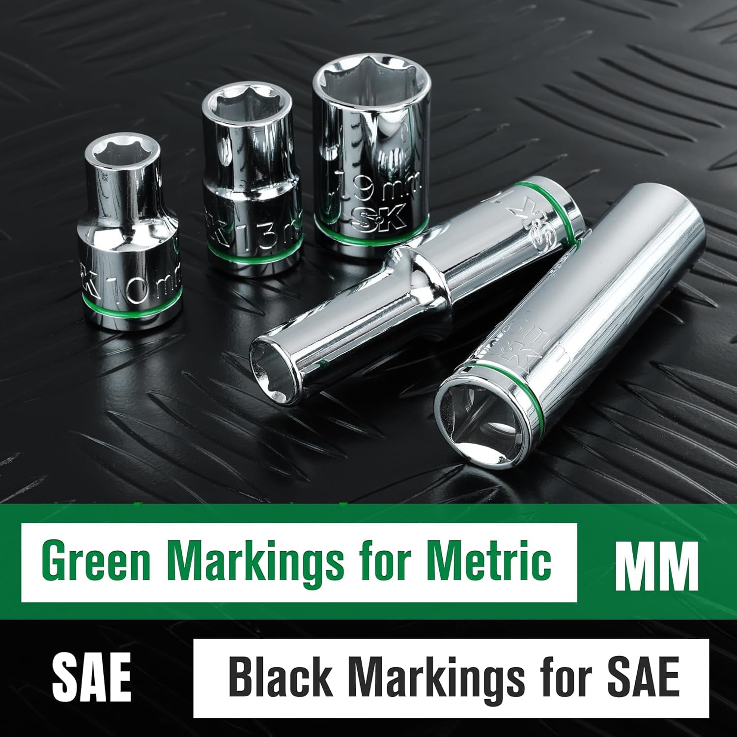 SK 1/2" Drive Socket Set, Deep Metric Sockets, 11-Piece 10-20mm, SuperKrome Finish, Preminum CR-V Construction, with Aluminum Socket Organizer