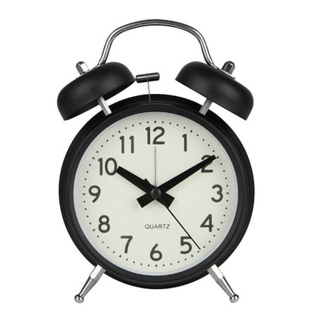 Worgeous 4 Inch Creative Metal Small Alarm Clock Desktop Round Ring Bell Clock Night Light Kids Alarm Clock Without Battery (Black)