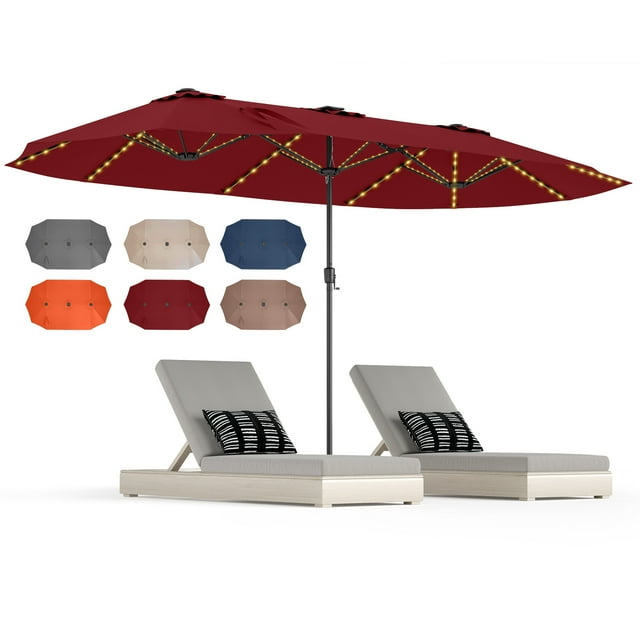Gymax Parasol de Patio Double Face de 15,5 Pi avec Lumières Solaires, Parasol d'Extérieur Format Jumeau, Rouge