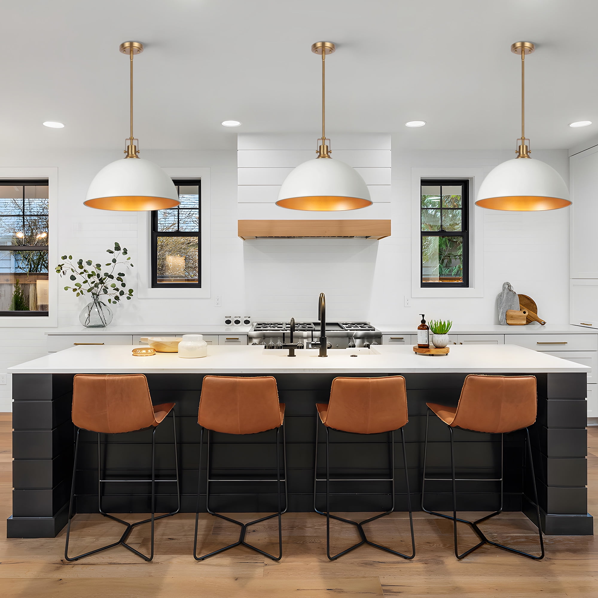 Modern Pendant Light, 18"Farmhouse Pendant Light Industrial Large Dome White and Gold Chandelier Ceiling Hanging Lighting for Dining Room Kitchen Island Bar Hallway Entryway