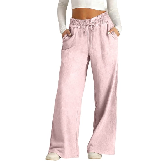 Likimi Pants Women High Waisted Wide Leg Elastic Waistband Solid Color Loose Fit Elegant Casual Comfort Trousers With Pockets Pink Size S