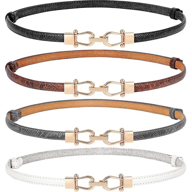 Paquete de 4 cinturones de cuero ajustados para mujer, cinturón de vestir ajustable a la moda, cinturones de cintura finos para damas y niñas