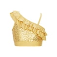 thumbnail image 1 of TiaoBug Kids Girls Asymmetrical Ruffled Sequin Performance Crop Tops Modern Jazz Hip Hop One Shoulder Dance Top Gold 10, 1 of 7