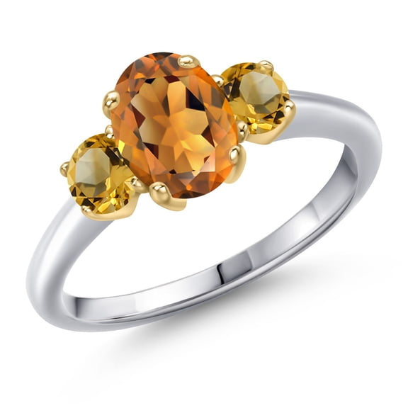 Gem Stone King 925 Silver and 10K Yellow Gold Orange Red Madeira Citrine and Yellow Citrine Engagement Ring for Women | 1.61 Cttw | Oval 8X6MM | Gemstone November Birthstone | Size 8
