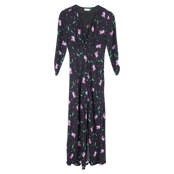 Pre-Owned Rixo Tulip Printed Crepe Midi Dress In Black Viscose