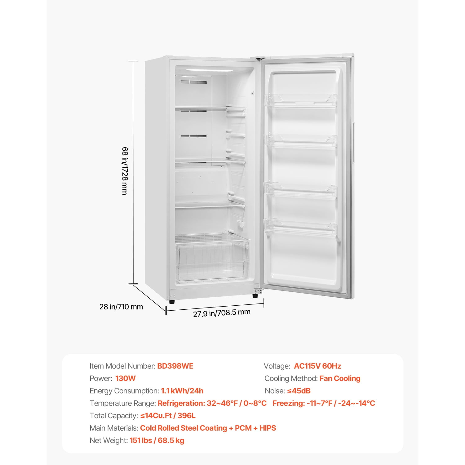 KFFKFF Convertible Upright Freezer/Refrigerator, 14 Cu.Ft Frost-Free Unit with Temperature Control Panel, Long Door Open Alarm, Adjustable Shelves, and LED Lighting, Ideal for Kitchen, Office
