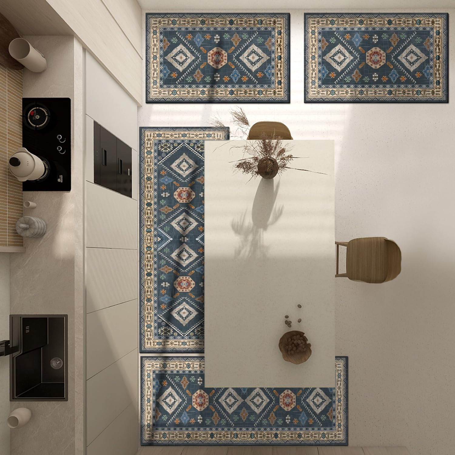 4 Piece Boho Vintage Kitchen Rugs Set with Runner, Non-Slip Kitchen Floor Mats, Soft High Pile Durable Accent Rugs for Kitchen Laundry Hallway Bathroom