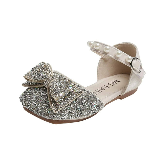 Princess Shoes for Girls Pearl Rhinestone Bowknot Sequin Blingbling Square Close Toe Soft Sole Non Slip Comfortable Dance Wedding Party Spring Summer Sandals for 15 Months-7 Years Silver