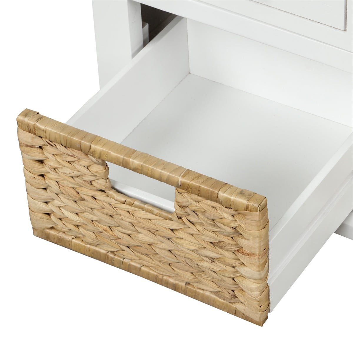 Rustic Storage Bench with 3 Drawers and 3 Rattan Baskets, Shoe Bench with Removable Cushion
