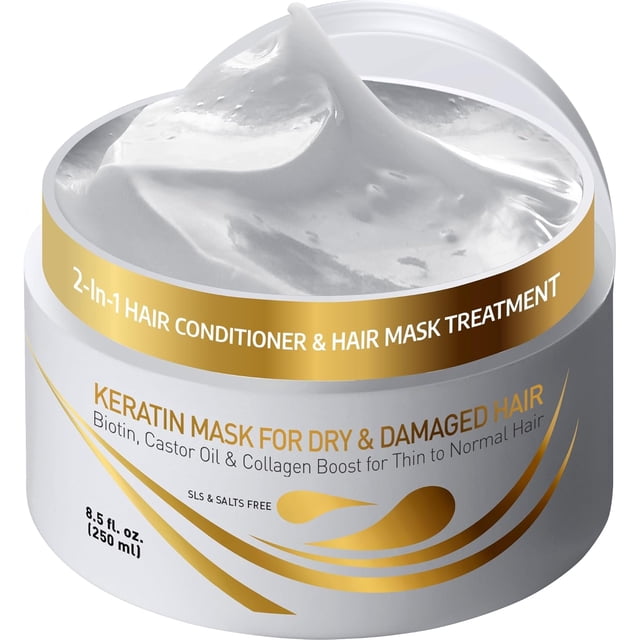 Keratin Hair Mask Deep Conditioner - Biotin Collagen Protein & Castor Oil Repair for Dry Damaged Hair - Conditioning Treatment for Curly or Straight Thin Fine Locks