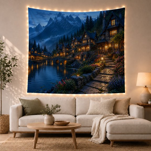 Mountain Lake Picturesque with Village Twilight Nestled, Mystical Fantasy for Space Lovers, Aesthetic Wall Decor, Mother'S Day Gift, Tapestry Wall Hanging for Dorm and Living Room