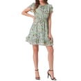thumbnail image 1 of INSPIRE CHIC Vestido de Chifón Floral con Volantes y Manga de Volante, Cuello en V, Cintura Ajustable, por encima de la Rodilla, Talla XS, Verde Claro, 1 of 6