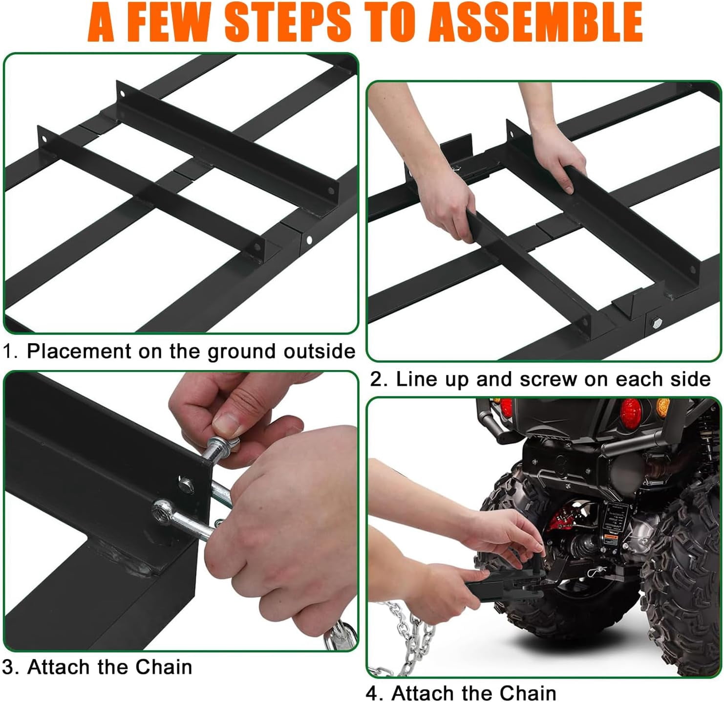 4/6/8Ft Drag Harrow Driveway Grader Heavy Duty Power Rake with Chain Tow Behind Lawn Rake for ATV UTV Tractor Mower Land Leveler for Gravel Sand Soil Hay